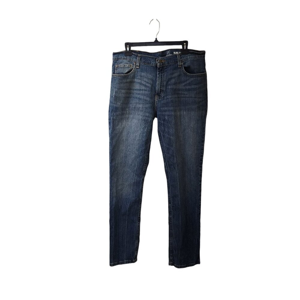 George Slim Straight Men's Jeans Size 36x32 Blue Stone Washed Lightly Distressed